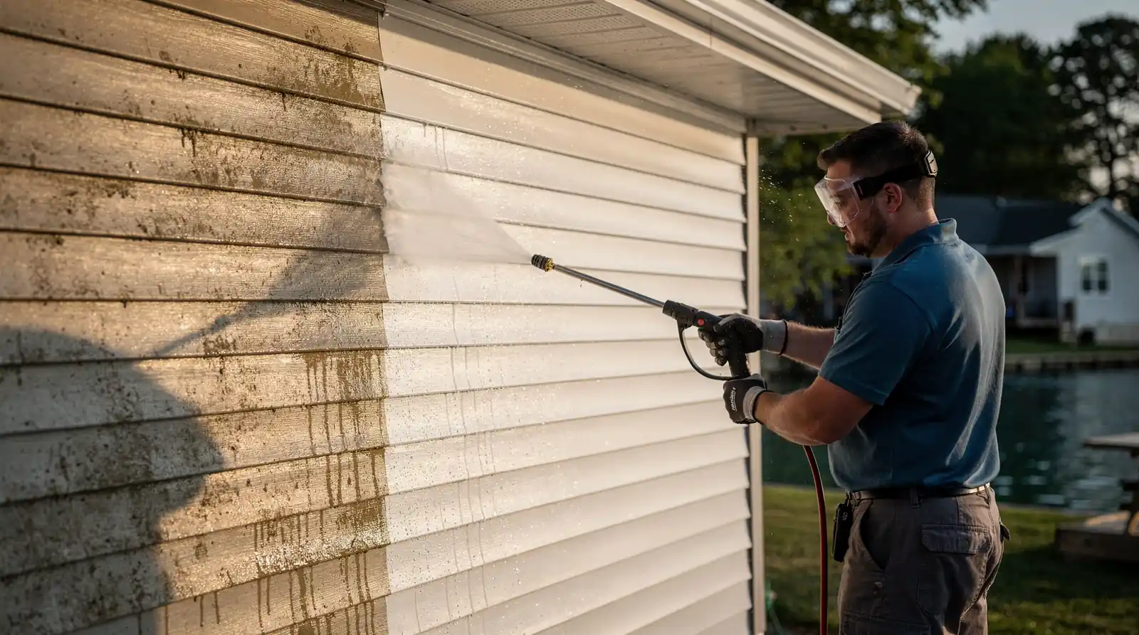 Soft washing uses low-pressure application around 80 PSI with biodegradable, water-based solutions that use up